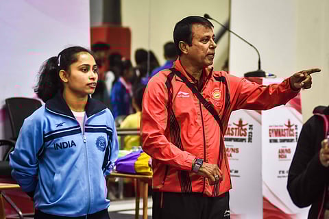 Dipa Karmakar with her coach Bishweshwar Nandi (Photo | Debadatta Mallick)