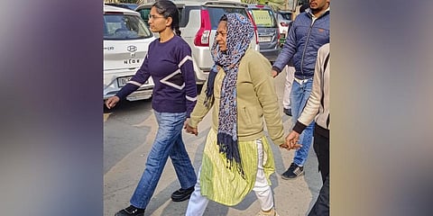 Neelam Azad, an accused arrested in the Dec. 13, 2023 Parliament security breach case, being produced at the Patiala House court, in New Delhi. (Photo | PTI)