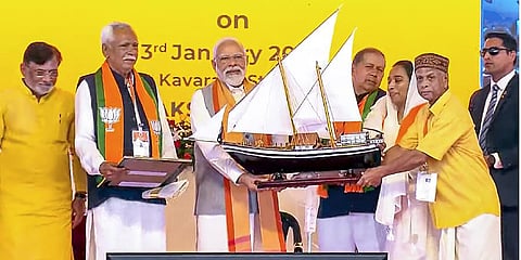 Prime Minister Narendra Modi being welcomed during a rally for laying of foundation stones and inauguration of various development projects, in Kavaratti. (Photo | PTI)