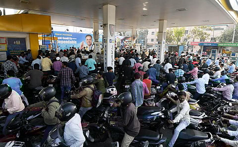 People throng a fuel bunk near Parade Ground in Secunderabad on Tuesday following rumours that fuel outlets would be closed for three days. (Photo |Vinay Madapu)