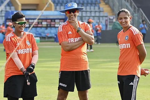 Indian women's cricket team cpatain Harmanpreet kaur (right) with coach Amol Muzumdar (center) and teammate Deepti Sharma. (Photo | BCCI)