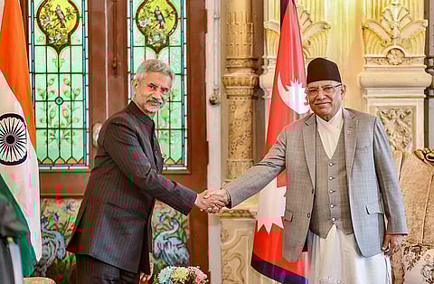 Nepal's Prime Minister Pushpa Kamal Dahal 'Prachanda' with External Affairs Minister S. Jaishankar during a meeting, in Kathmandu, Nepal. (Photo|PTI)