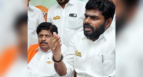 BJP TN President K Annamalai addressing a press meet in Salem on Wednesday. (Photo | V Sakthi, EPS)