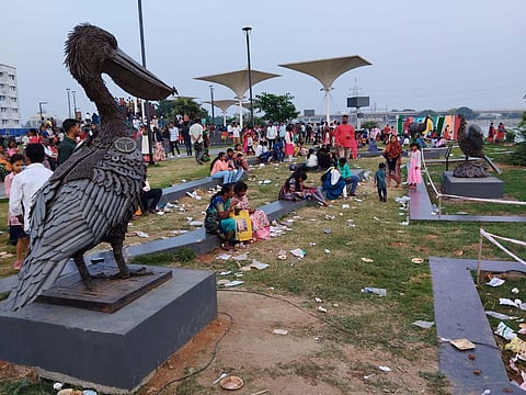 Social activists were irked over the garbage that was littered by the public in the Valankulam and Periyakulam Lakefronts after the New Year celebration at the venue | Express.