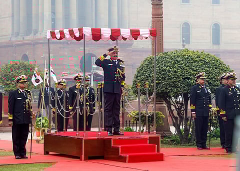 New Vice Chief of Naval Staff Vice Admiral Dinesh K Tripathi inspects a Guard of Honour, in New Delhi, Thursday, Jan. 4, 2024. (PTI Photo).