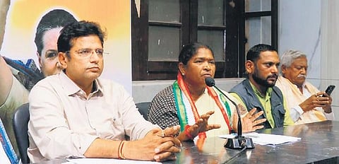 Ministers D Sridhar Babu and D Anasuya address the media in Hyderabad on Thursday