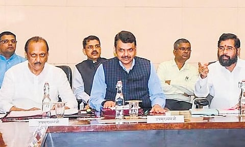 CM Eknath Shinde with Dy CMs Devendra Fadnavis and Ajit Pawar | pti file