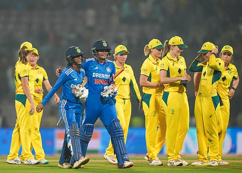 India's batters Shafali Verma and Jemimah Rodrigues after India won the T20I match against Australia at DY Patil stadium in Navi Mumbai (Photo | PTI)