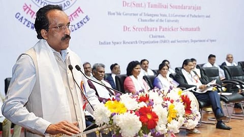 ISRO chairman Dr S Somanath addresses the 12th convocation of JNTU-Hyderabad on Friday. A total of 88,226 degrees and 54 gold medals were awarded on the occasion