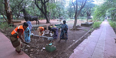 Corp workers cleaning the premises at ECO park in Madurai. (Photo | K.K.Sundar, EPS)