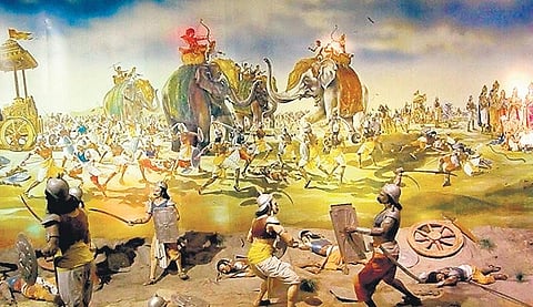 The basic fighting unit of an army was a patti, which comprised one chariot, one elephant, five footsoldiers and three horses. Three pattis were known as a senamukha & three senamukhas made up a gulma