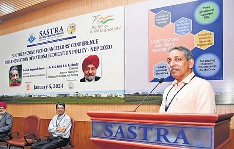 M Jagadesh Kumar speaking during a conference at SASTRA | Express