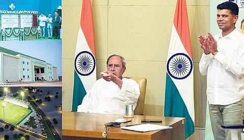 Chief Minister Naveen Patnaik inaugurating the Burla indoor stadium. Also seen is 5T chairman VK Pandian| Express