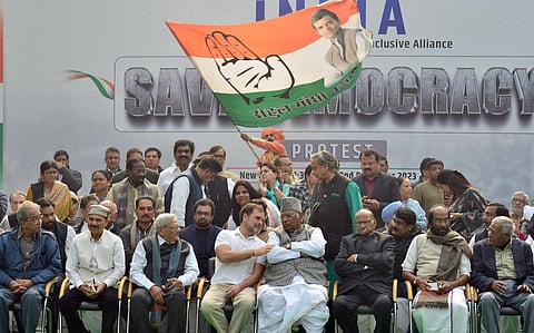 Sitaram Yechury, Rahul Gandhi, Mallikarjun Kharge and Sharad Pawar join other leaders from the opposition INDIA alliance. (PTI FILE)