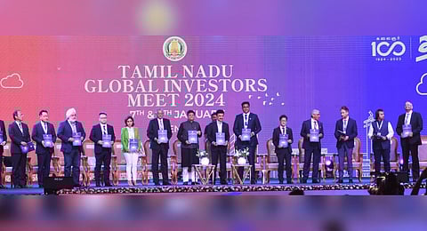 CM MK Stalin, Union minister for commerce and Induatries Piyush Goyal along with Minister for Industries TRB Raja released the Advanced Electronic Policy during the GIM. (Photo | Ashwin Prasath, EPS)