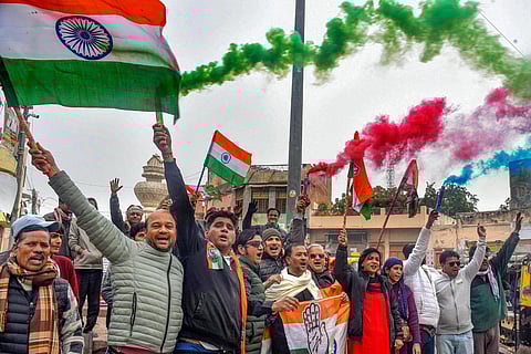 Congress supporters celebrate after party's leader Rupinder Singh Koonar won the Karanpur assembly election | PTI