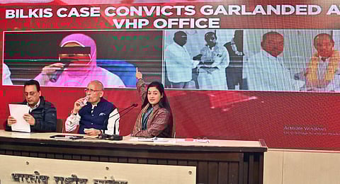 Congress leaders Alka Lamba (R) and Abhishek Singhvi (C) address a press conference regarding the SC verdict on the Bilkis Bano case, at the party headquarters, in New Delhi on Monday. (Photo | ANI)