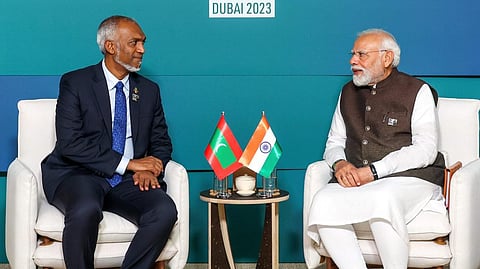 Prime Minister Narendra Modi in a meeting with President of the Maldives Mohamed Muizzu during the COP28, in the UAE Dec. 1, 2023.