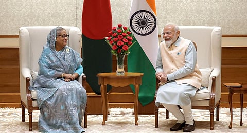 Prime Minister Narendra Modi with his Bangladeshi counterpart Sheikh Hasina during a bilateral meeting in New Delhi, Sept 09, 2023. (File Photo | PTI)