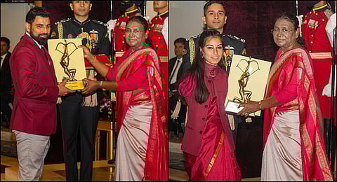 Cricketer Mohammed Shami and para archer Sheetal Devi receiving their awards from President Droupadi Murmu. (Photo | PTI)