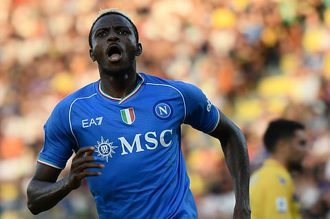Napoli's Nigerian forward Victor Osimhen celebrates after scoring the second goal during the Italian Serie A football match against Frosinone on August 19, 2023. (File photo | AFP)