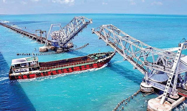 A ship pasing under Pamban Bridge | PTI
