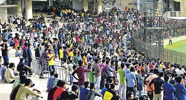 Thousands of fans inside D Stand at the MA Chidambaram Stadium during a CSK practice session on Thursday. (Photo | D Sampathkumar, EPS)