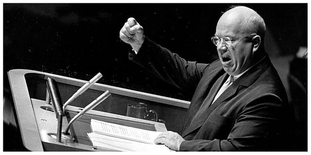 Nikita Khrushchev, Soviet premier and the First Secretary of the Communist Party of the Soviet Union, during his address before the United Nations General Assembly in New York City on Sept. 23, 1960. (File photo | AP)