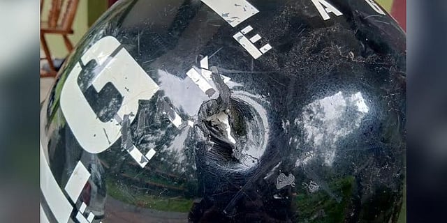Hole formed in the helmet after the tiger attack. (Photo | EPS)