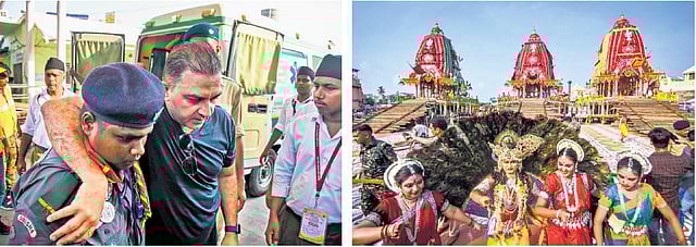 A man suffering from dehydration being taken to the district headquarters hospital and a group of dancers performing in front of the three chariots at Puri on Tuesday | Debadatta Mallick