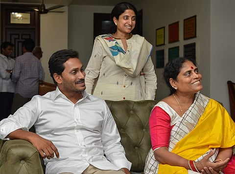 YSR Congress President YS Jaganmohan Reddy with his mother Vijayalaxmi and wife Bharti after their party's victory in assembly and Lok Sabha elections in Amravati. (Photo | PTI)