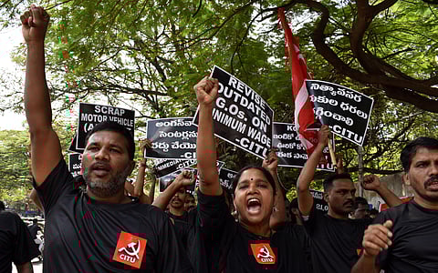 Trade Unions participate in the general strike at Dharna Chowk in Hyderabad on Wednesday. (Photo | S Senbagapandiyan, EPS)
