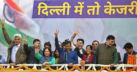 Arvind Kejriwal addresses supporters at the AAP headquarters in New Delhi. (Photo | Shekhar Yadav, EPS)