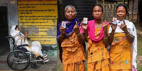 CM Mamata at a polling station during 2nd phase of Assembly Polls, at Boyal; Tribal women show their inked fingers during the 2nd phase of Assam assembly polls in Morigaon district. (Photos | PTI)