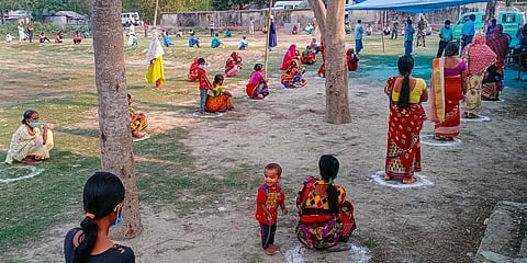 A queue of voters outside a polling station to cast their votes during re-polls at the Sitalkuchi Assembly constituency in Cooch Behar district of West Bengal, Thursday, April 29, 2021. (Photo | PTI)