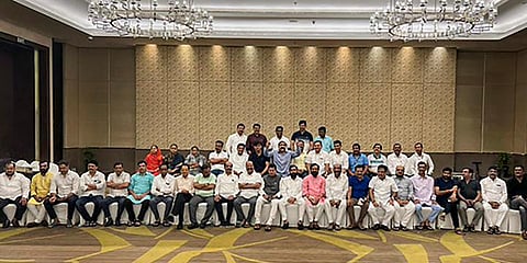 Rebel Shiv Sena MLA Eknath Shinde with 42 other MLAs at a hotel, in Guwahati. (Photo| Twitter)