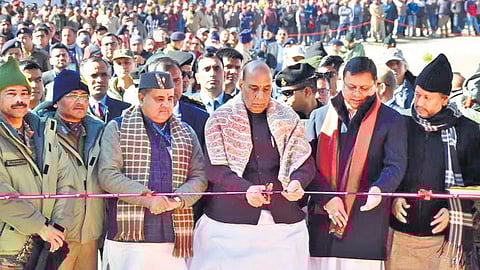 Defence Minister Rajnath Singh at Joshimath in Uttarakhand on Friday. | Express