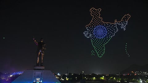 Drone show during the unveiling ceremony of Dr BR Ambedkar statue in Vijayawada.