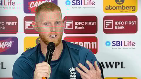 England's captain Ben Stokes addresses the media ahead of their first cricket test match against India in Hyderabad, India, Wednesday, Jan. 24, 2024.
