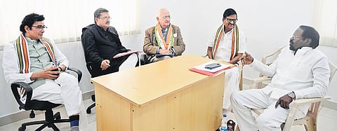 AICC leaders discussing with TNCC president KS Alagiri and Tiruvallur MP K Jayakumar in Chennai on Sunday | Martin Louis