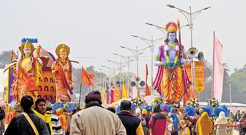 Devotees at Shri Hanuman Maha Yagyashala in Ayodhya on Wednesday.