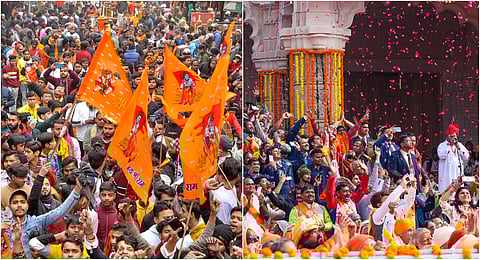 Gathering during the 'Pran Pratishtha' rituals at the Ram Temple, in Ayodhya.