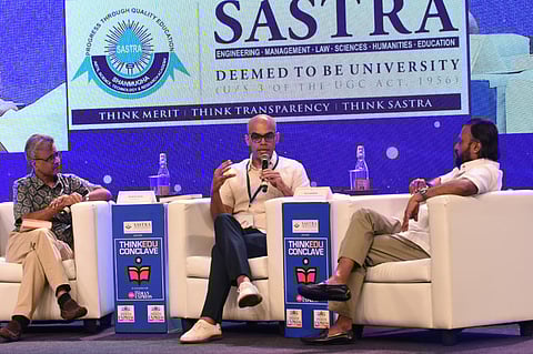 AR Venkatachalapathy, Indian historian and author, and Nilakantan RS, data scientist, at a session chaired by Ravi Shankar, Consulting Editor, Sunday Standard at ThinkEdu (Express Photo | Ashwin Prasath)