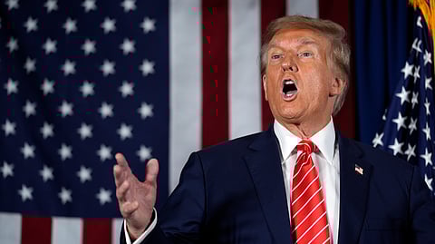 Republican presidential candidate and former US President Donald Trump speaks during a campaign event in Laconia, NH, Monday, Jan. 22, 2024.