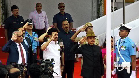 Governor R N Ravi and CM M K Stalin at the 75th Republic Day celebration.