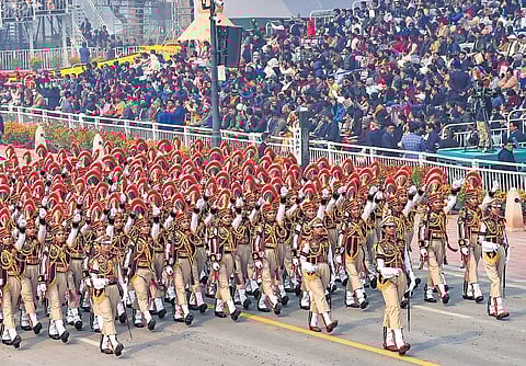 All-woman contingent of the Delhi Police marches past during the 75th Republic Day parade at the Kartavya Path in New Delhi.
