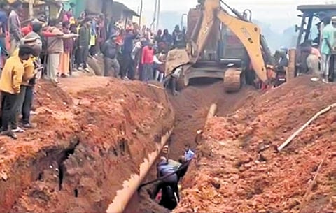 The JCB machine engaged in rescue operation to trace the trapped workers.