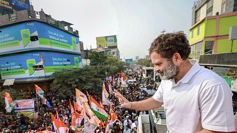 Congress leader Rahul Gandhi waves at supporters during 'Bharat Jodo Nyay Yatra'.