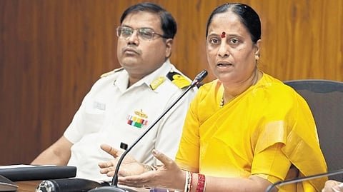 Environment & Forests Minister Konda Surekha gestures as she addresses the
media at the Secretariat in Hyderabad on Tuesday