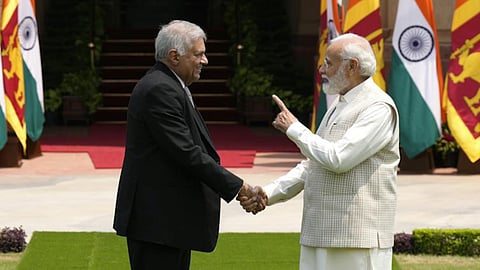 Indian Prime Minister Narendra Modi welcomes Sri Lankan President Ranil Wickremesinghe before their meeting in New Delhi, India, in July 2023.